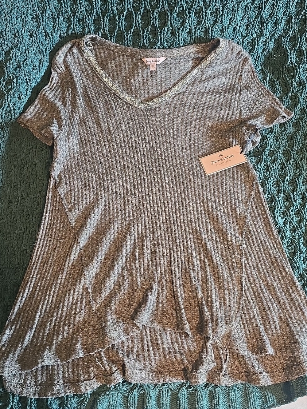 Juicy Couture Sage Green Ribbed V-Neck Short Sleeve Tunic